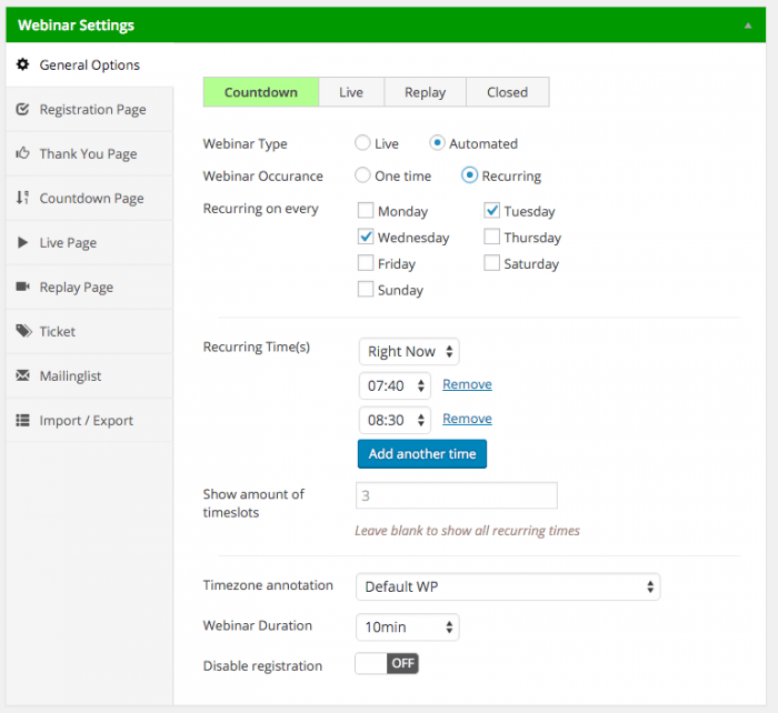 WPWebinarSystem | One More Cup of Coffee The webinar settings page with the general options tab opened. The tab shows settings for the webinar type (live or automated), occurrence (one-time or recurring), timezones, duration, and several other things.