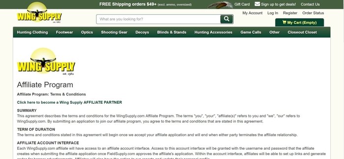 screenshot of the affiliate sign up page for Wing Supply