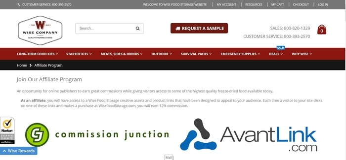 screenshot of the affiliate sign up page for Wise Food Storage