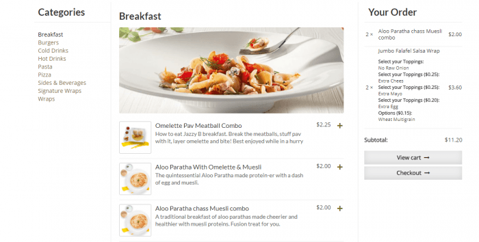 WooRestaurant | One More Cup of Coffee The menu's breakfast category. On the left are links to the rest of the categories, and on the right is the shopping cart. There is a display image for the category, and with each item appears a thumbnail, price, and a description.