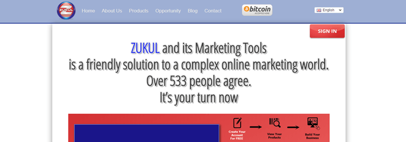 Zukul website screenshot showing text that talks about Zukul’s marketing solution and various menu links. 