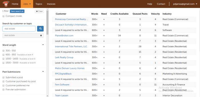 This is a screenshot of the jobs page from Blogmutt