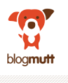 This is a logo for Blogmutt. It is an imbrowin-ish age of a cute dog with two different colered ears., short legs, and a white chest.