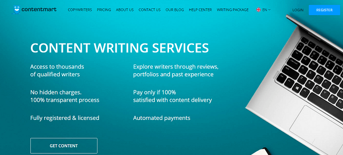 This is a screenshot of the opening page of Contentmart.com. The site offers a chance for accepted freelance writers to bid on more than ten pages of projects.