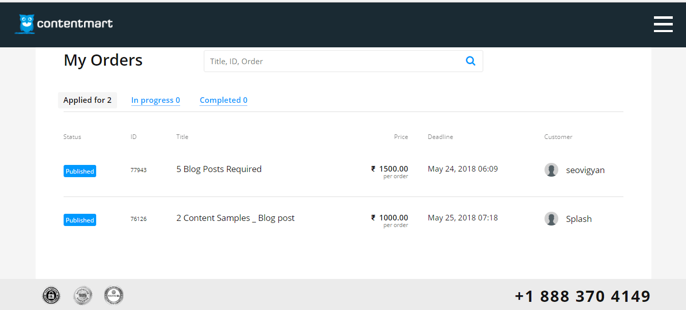 This is a screenshot of the "My Orders" page on Contentmart, which shows the projects a freelancer has applied for as well as projects that have been denied.