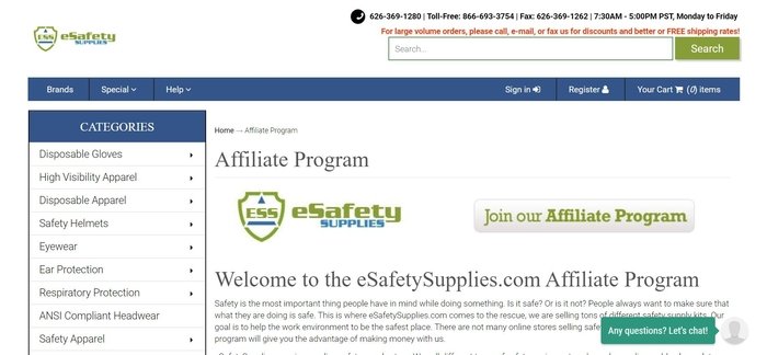 screenshot of the affiliate sign up page for eSafety Supplies