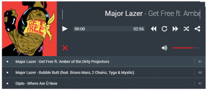 The plugin's media player showing a music playlist, and the currently playing song appears with its title, artist name, duration, control buttons, and a progress bar.