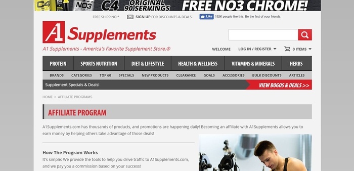 screenshot of the affiliate sign up page for A1Supplements