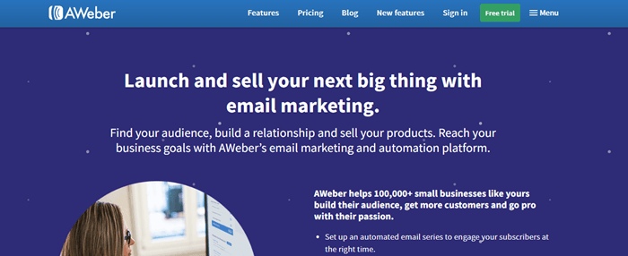 AWeber website screenshot showing white text on a blue background, talking about how AWeber is powerful for email marketing. 