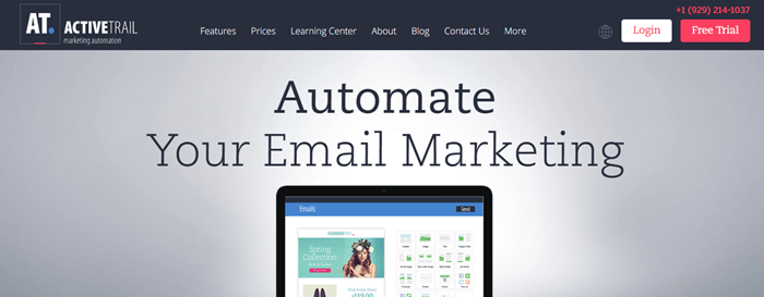 ActiveTrail website screenshot showing text about automating email marketing and tablet with an image from ActiveTrail. 