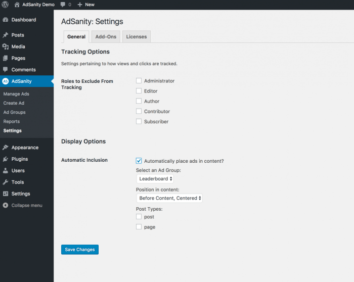 AdSanity | One More Cup of Coffee The AdSanity settings page showing tracking options and display options. Besides the general settings, there are "Add-Ons" and "Licenses" tabs.