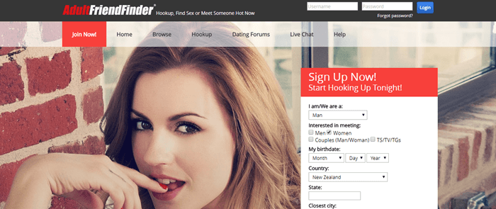 Adult Friend Finder website screenshot showing a young brown-haired woman biting her finger. 
