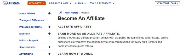 All State Affiliate Program showing details of becoming an affiliate