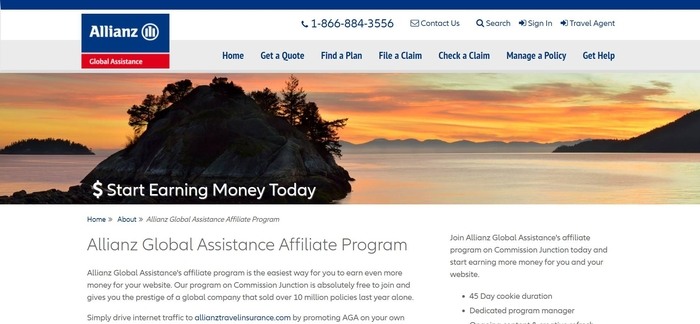 screenshot of the affiliate sign up page for Allianz Travel Insurance