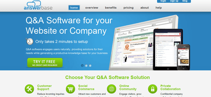 Answerbase website screenshot showing a desktop computer, tablet and phone, which all demonstrate the software in use. 