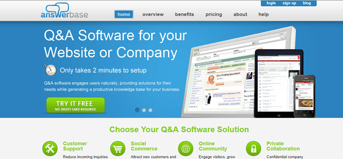 Answerbase website screenshot showing a sample of the software on a desktop, tablet and cellphone. 