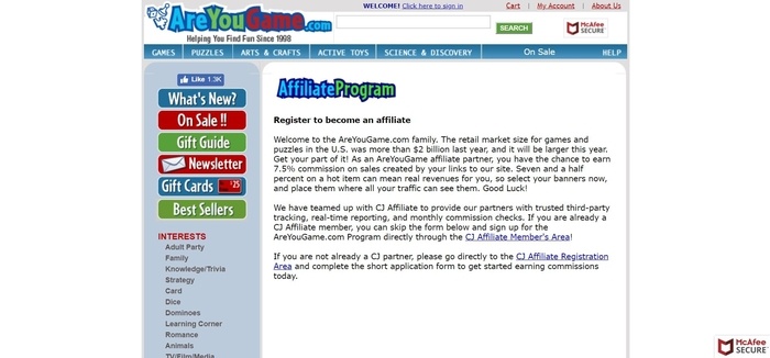 screenshot of the affiliate sign up page for AreYouGame.com