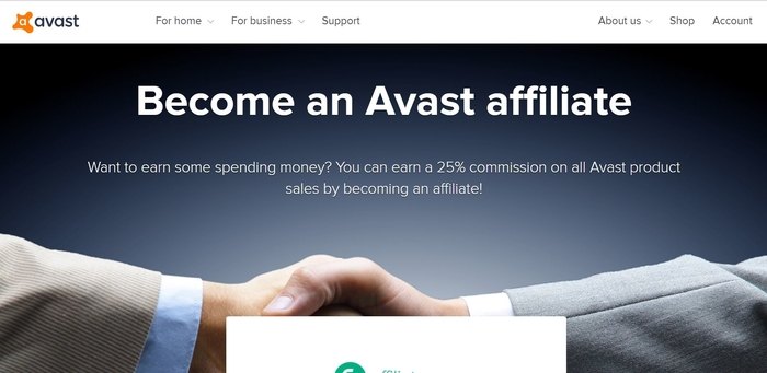 screenshot of the affiliate sign up page for Avast Software