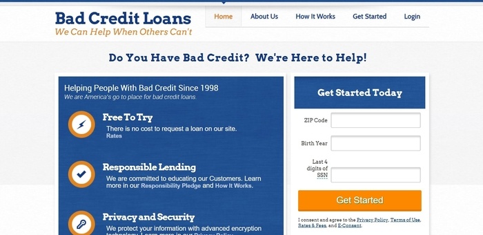 screenshot of the affiliate sign up page for Bad Credit Loans