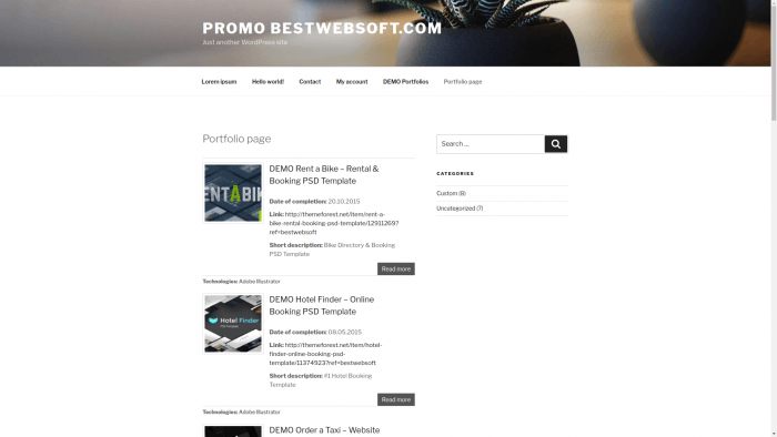 BestWebSoft | One More Cup of Coffee The portfolio page with three portfolios listed, each appearing with a title, date of completion, link, and description. At the sidebar is a category widget.