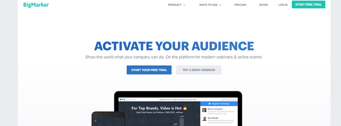 Big Marker website screenshot with a white background, showing blue text about activating your audience. 