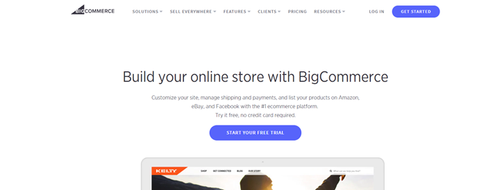 BigCommerce website screenshot talking about building an online store with the service. 