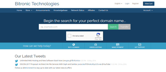 Bitronic Technologies website screenshot showing a blue background and a search bar. 