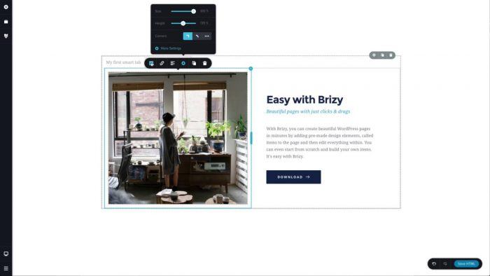 The Brizy dashboard with a page being customized in the middle. A floating toolbar appears at the top of the page with a toolbox coming out of one of the icons.
