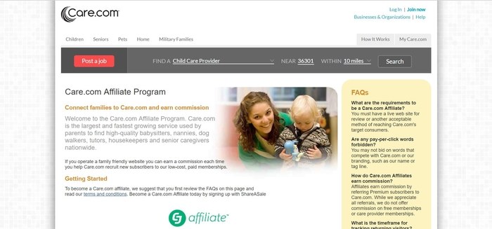 screenshot of the affiliate sign up page for Care.com