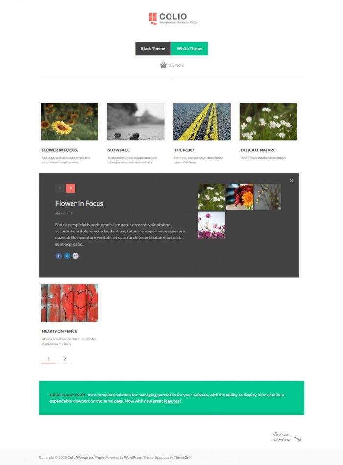 Colio | One More Cup of Coffee The Coolio homepage displaying a number of portfolios with thumbnails, titles, and brief descriptions, and in the middle of the page is a portfolio displayed inside a black box across the page with a preview of its items, a title, and a longer description.