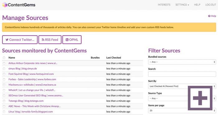 ContentGems | One More Cup of Coffee The ContentGems source manager. The list shows the content sources with their "last checked" dates. On the right are the filters.