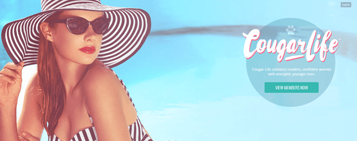 CougarLife website screenshot showing a young woman wearing striped swimwear with a similar hat. 