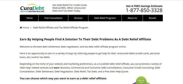 screenshot of the affiliate sign up page for CuraDebt