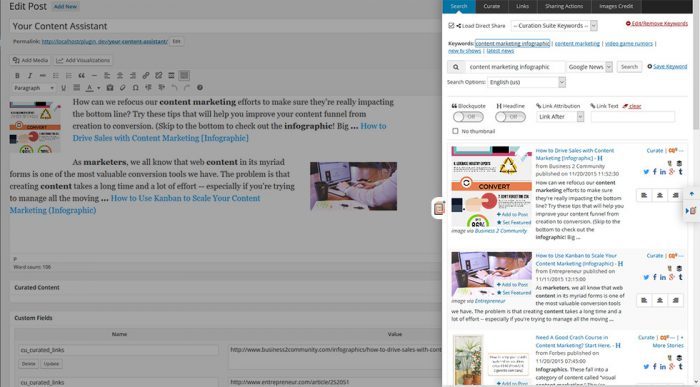 Curation Suite | One More Cup of Coffee The WordPress text editor where the content is being curated. On the right is an extendable widget where the admin can search for articles using keywords and filter them before forwarding them to the text editor.