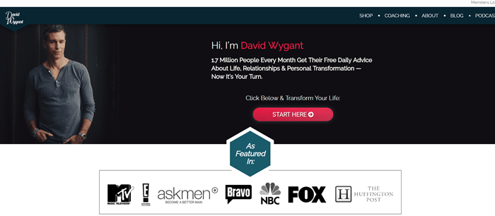 David Wygant website screenshot showing a black background with David Wygant himself standing on the left-hand side. 