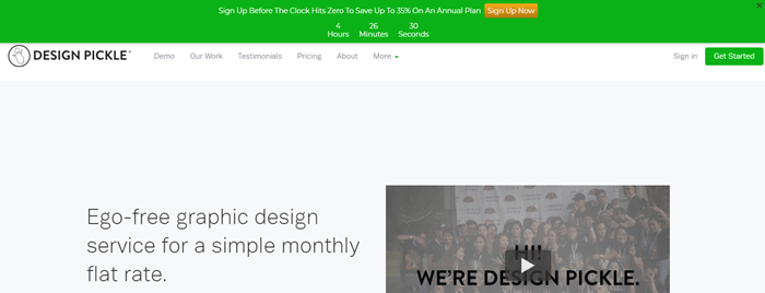 Design Pickle website screenshot showing various menu links, along with a video and details about the design service. 