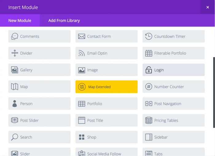 The Divi Modules page. The plugin's modules (comments, contact form, countdown timer, divider, email optin, image, etc.) are listed in a grid layout. The new module tab enables you to add extra functions.