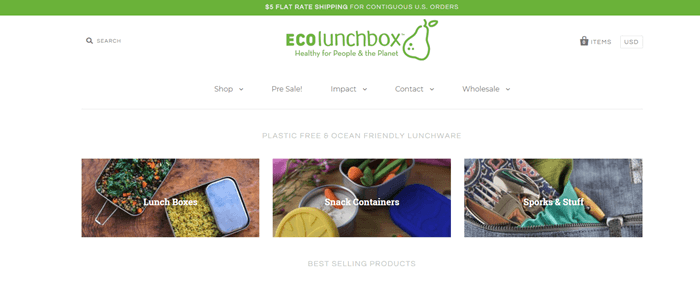 ECOlunchbox website screenshot showing three images of the different products from the company. 