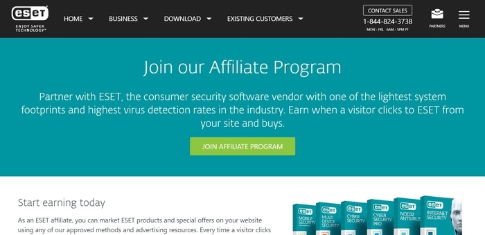 screenshot of the affiliate sign up page for ESET