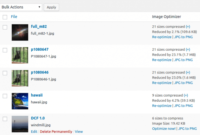 EWWW Image Optimizer | One More Cup of Coffee The image optimization list showing each image with a name, thumbnail, and the optimization details (sizes, compression percentage, etc.).
