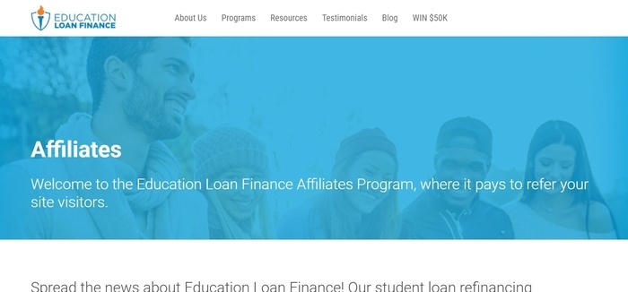 screenshot of the affiliate sign up page for Education Loan Finance