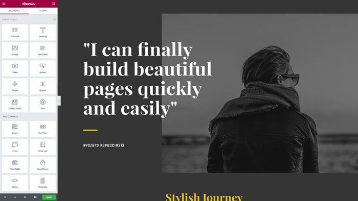 The Elementor visual editor. On the let is the tool menu with the tools divided into two columns and two sections. In the body is the current preview. There is a background image with a quote on top of it.