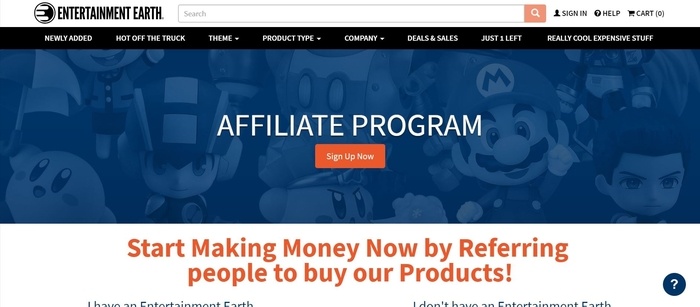 screenshot of the affiliate sign up page for Entertainment Earth