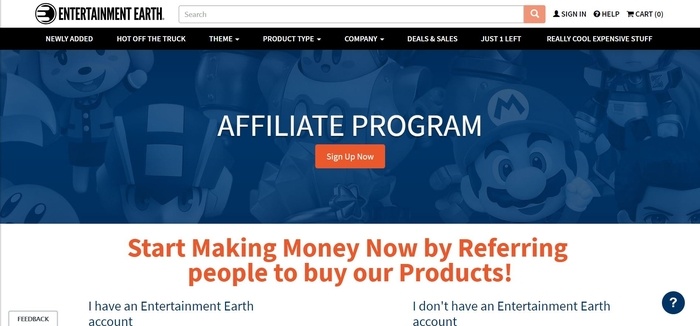 screenshot of the affiliate sign up page for Entertainment Earth