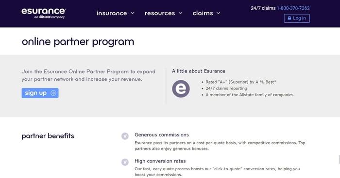 screenshot of the affiliate sign up page for Esurance