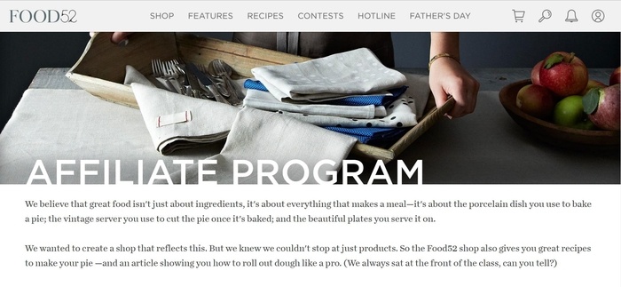 screenshot of the affiliate sign up page for Food52