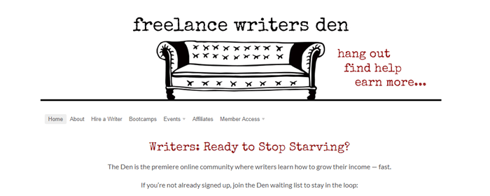 Freelance Writers Den website screenshot showing a simple black and white image of a sofa with the words freelance writers den and text about what the den offers. 