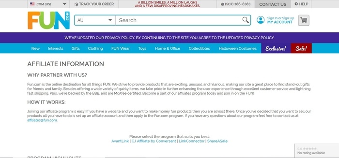 screenshot of the affiliate sign up page for Fun.com