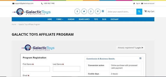 screenshot of the affiliate sign up page for Galactic Toys