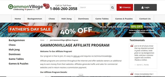 screenshot of the affiliate sign up page for GammonVillage